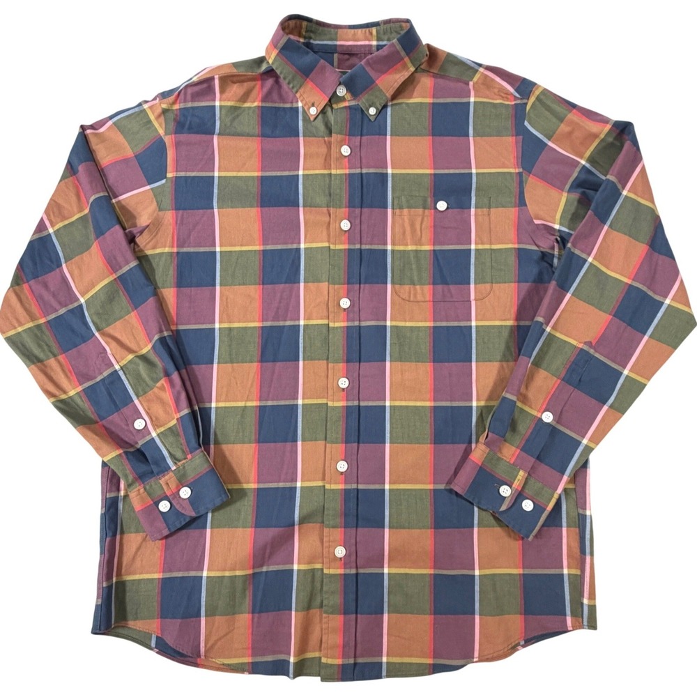 Orvis Plaid Dress Shirt Mens LG Fall Colors Orange Green Button Down Classic Fit